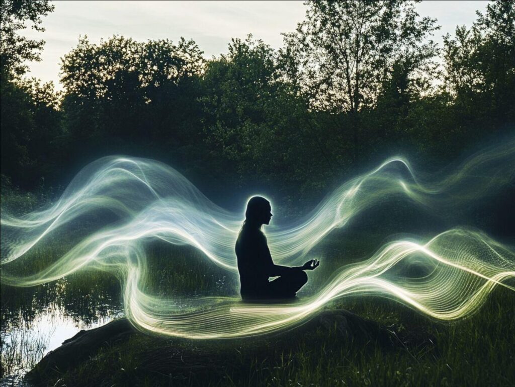 Silhouette of a person meditating on a rock by a calm lake, with swirling glowing energy ribbons around them.